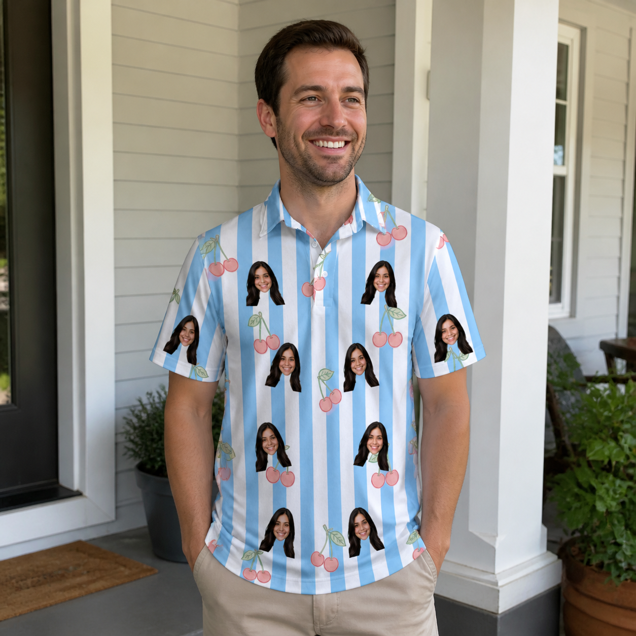 Real-life photo of someone wearing Men's Orchard Oddball Custom Face Polo Shirt — custom faces printed all-over