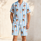 Model wearing Men's Orchard Oddball Custom Face Shirt & Shorts Set printed with kids' faces