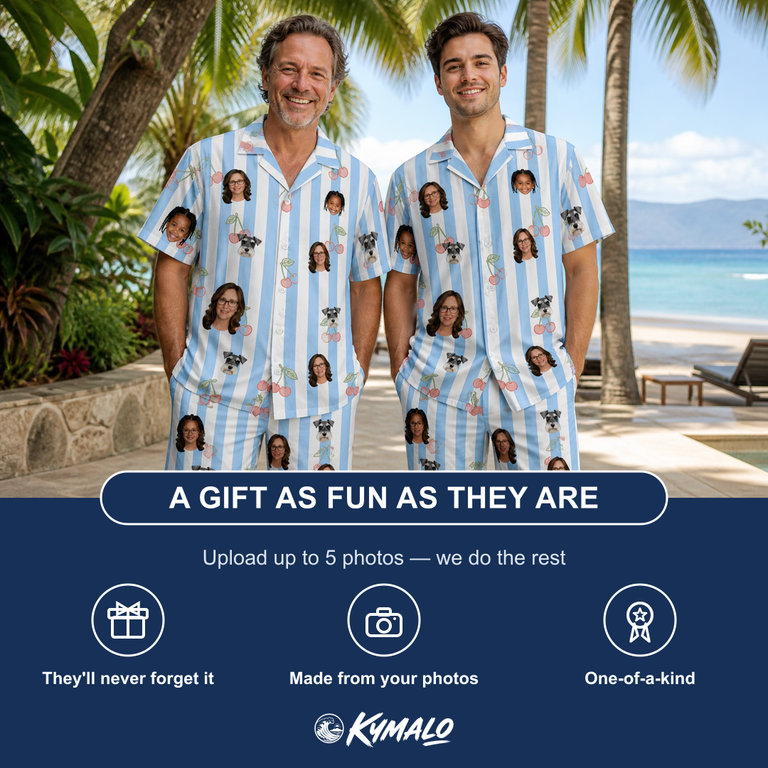 Friends in matching Men's Orchard Oddball Custom Face Shirt & Shorts Set — a group gift photo