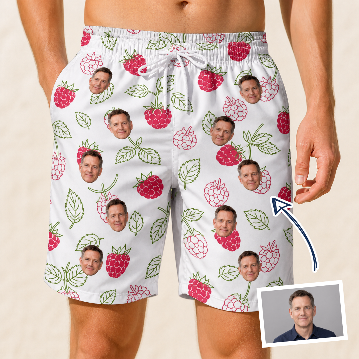 Man wearing Men's Drupelet Dance Custom Face Beach Shorts — custom faces printed all-over