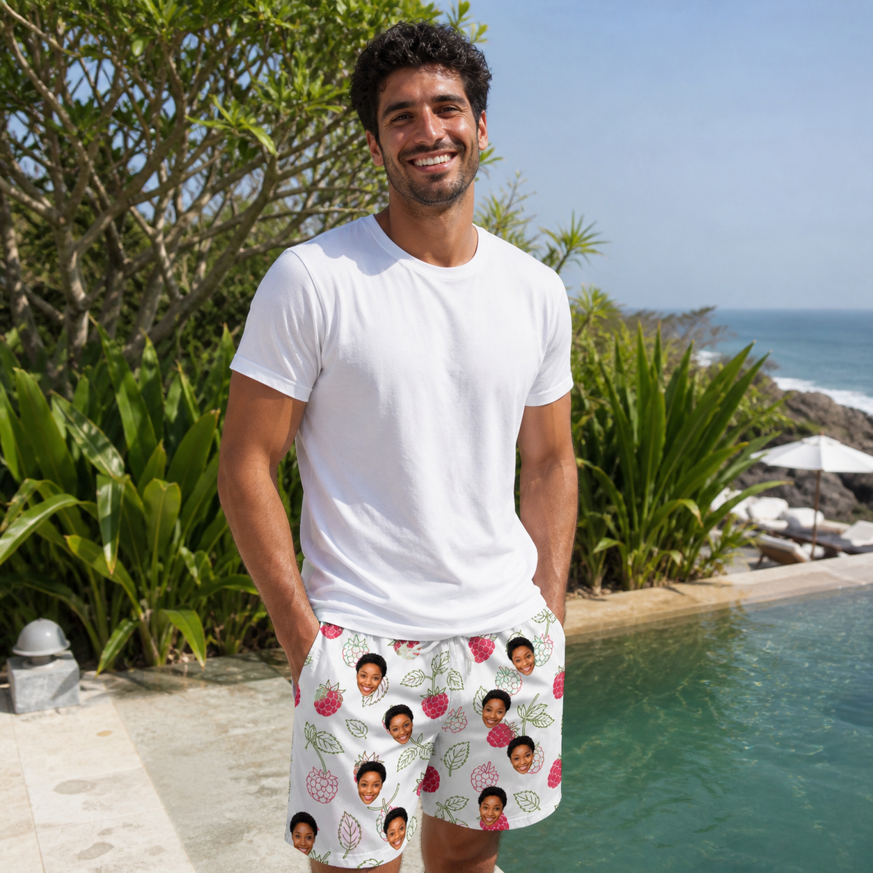 Real-life photo of someone wearing Men's Drupelet Dance Custom Face Beach Shorts — custom faces printed all-over