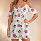Model wearing Women's Drupelet Dance Custom Face Off-Shoulder Dress printed with kids' faces