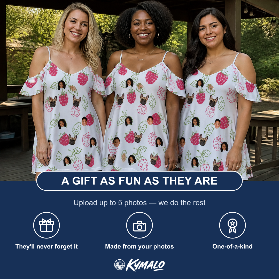 Friends in matching Women's Drupelet Dance Custom Face Off-Shoulder Dress — a group gift photo