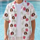 Man wearing Men's Drupelet Dance Custom Face Hawaiian Shirt open over a white tee