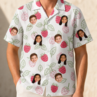Model wearing Men's Drupelet Dance Custom Face Hawaiian Shirt printed with kids' faces