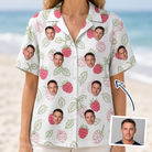 Woman wearing Women's Drupelet Dance Custom Face Hawaiian Shirt — custom faces printed all-over