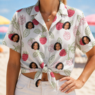 Woman wearing Women's Drupelet Dance Custom Face Hawaiian Shirt tied at the waist