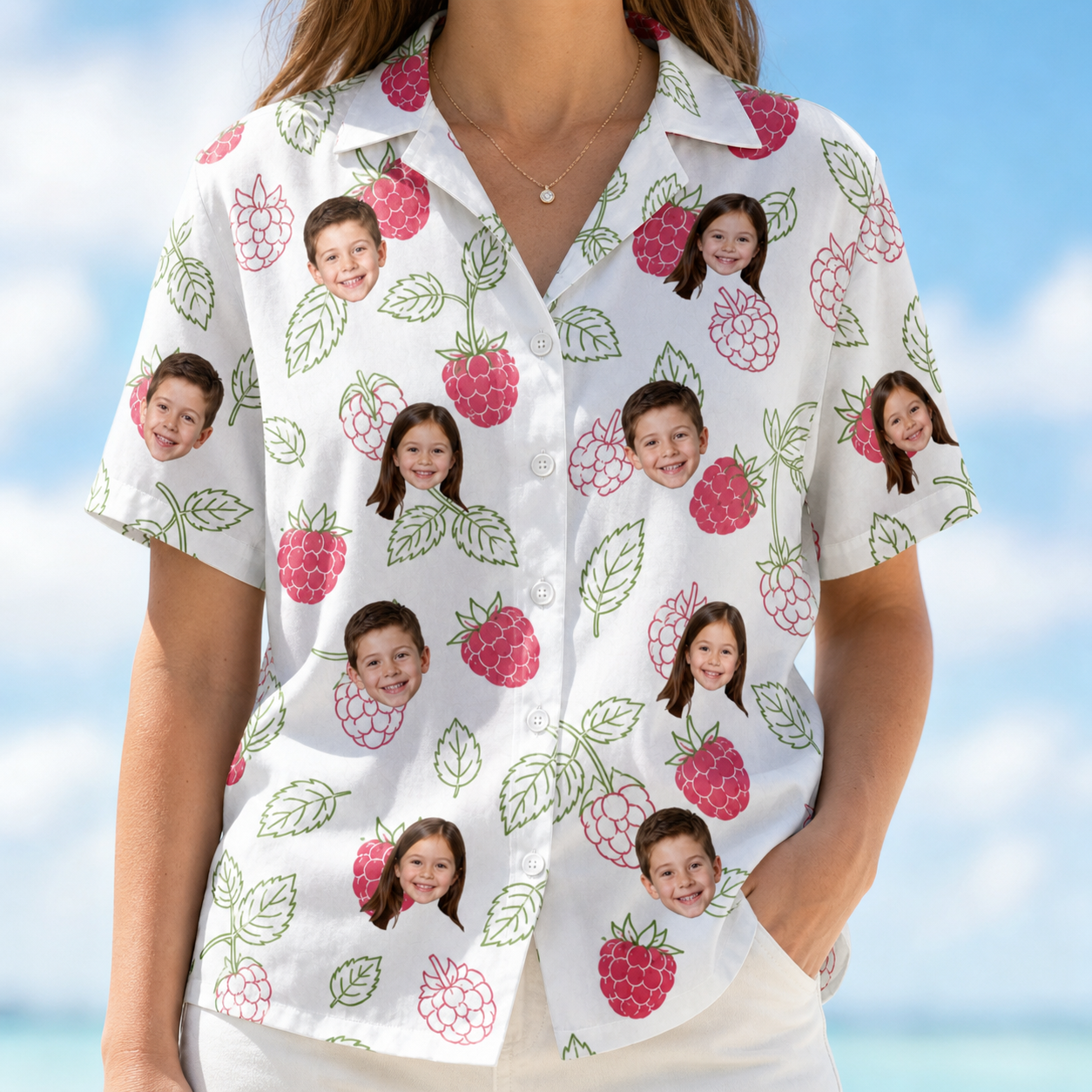 Model wearing Women's Drupelet Dance Custom Face Hawaiian Shirt printed with kids' faces