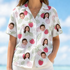 Model wearing Women's Drupelet Dance Custom Face Hawaiian Shirt printed with kids' faces