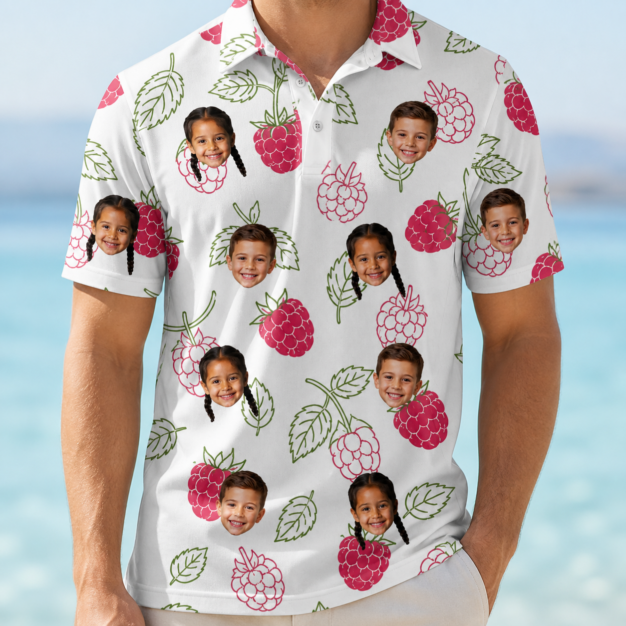 Model wearing Men's Drupelet Dance Custom Face Polo Shirt printed with kids' faces