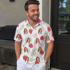 Real-life photo of someone wearing Men's Drupelet Dance Custom Face Polo Shirt — custom faces printed all-over