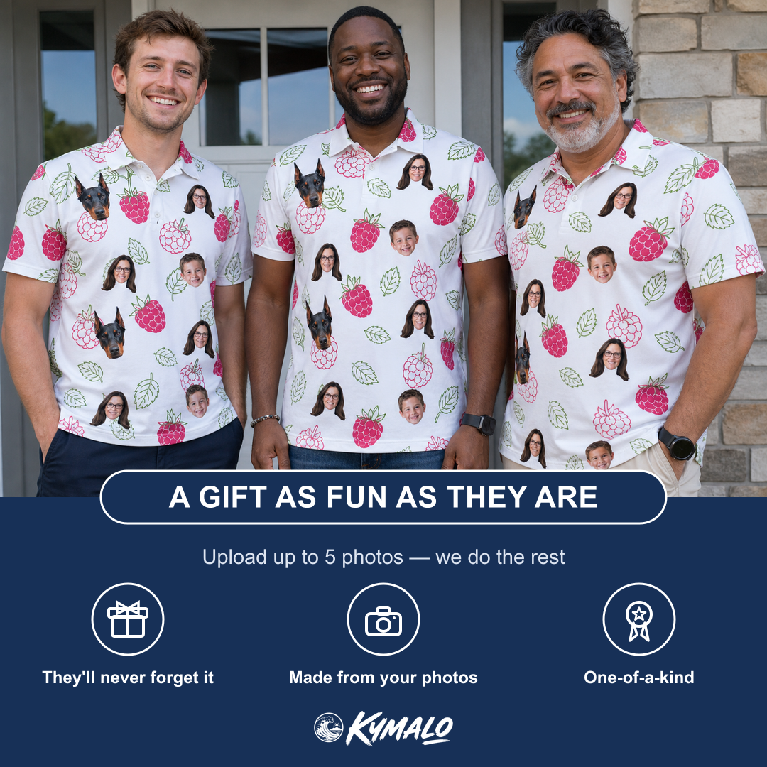 Friends in matching Men's Drupelet Dance Custom Face Polo Shirt — a group gift photo