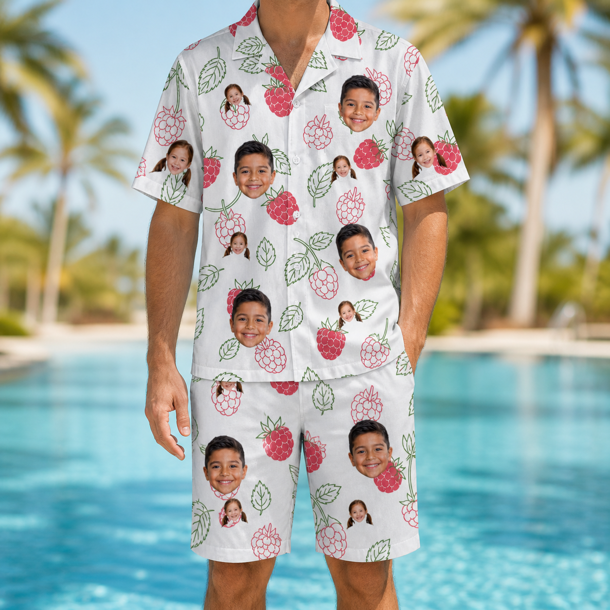 Model wearing Men's Drupelet Dance Custom Face Shirt & Shorts Set printed with kids' faces