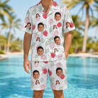 Model wearing Men's Drupelet Dance Custom Face Shirt & Shorts Set printed with kids' faces