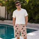 Real-life photo of someone wearing Men's Brambly Bounce Custom Face Beach Shorts — custom faces printed all-over