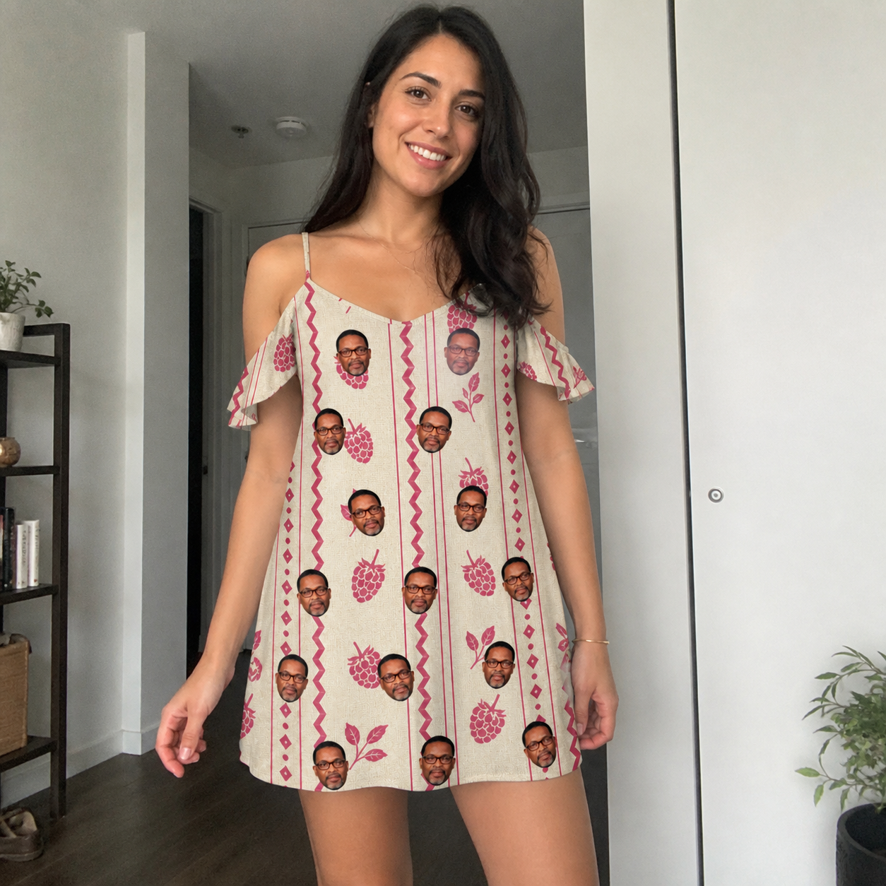 Real-life photo of someone wearing Women's Brambly Bounce Custom Face Off-Shoulder Dress — custom faces printed all-over