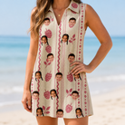 Model wearing Women's Brambly Bounce Custom Face V-Neck Dress printed with kids' faces