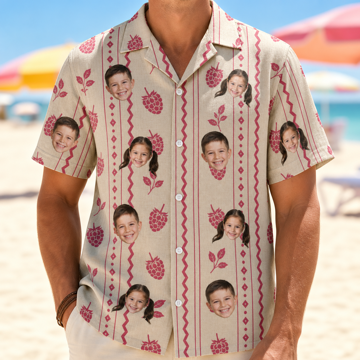 Model wearing Men's Brambly Bounce Custom Face Hawaiian Shirt printed with kids' faces