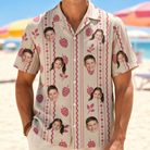 Model wearing Men's Brambly Bounce Custom Face Hawaiian Shirt printed with kids' faces