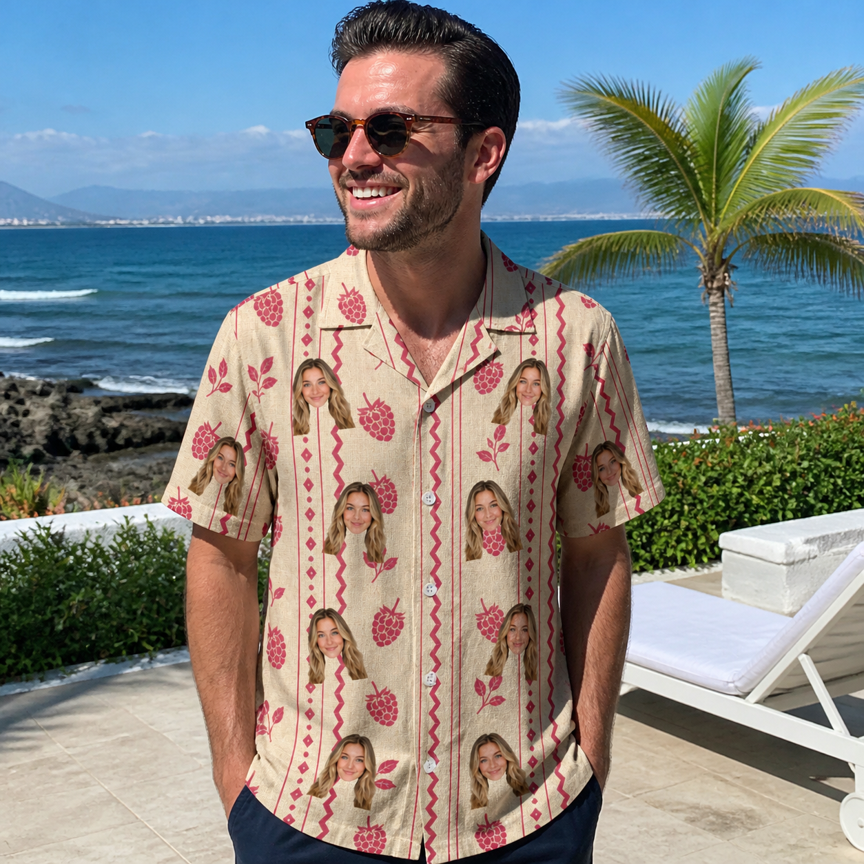 Real-life photo of someone wearing Men's Brambly Bounce Custom Face Hawaiian Shirt — custom faces printed all-over