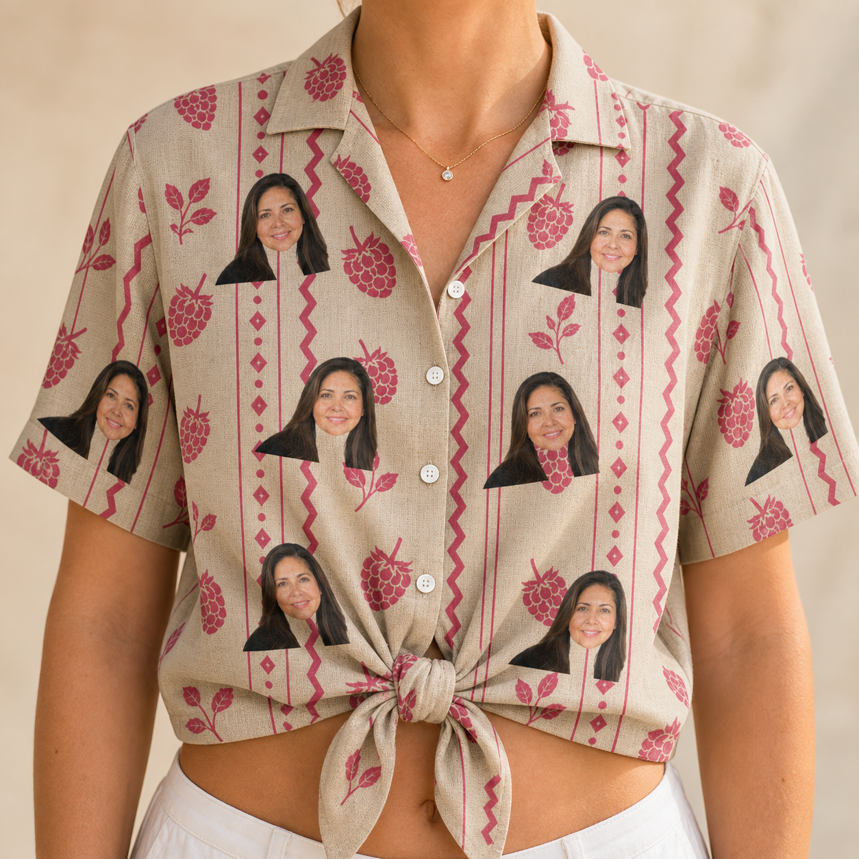 Woman wearing Women's Brambly Bounce Custom Face Hawaiian Shirt tied at the waist