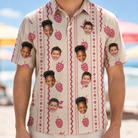 Model wearing Men's Brambly Bounce Custom Face Polo Shirt printed with kids' faces
