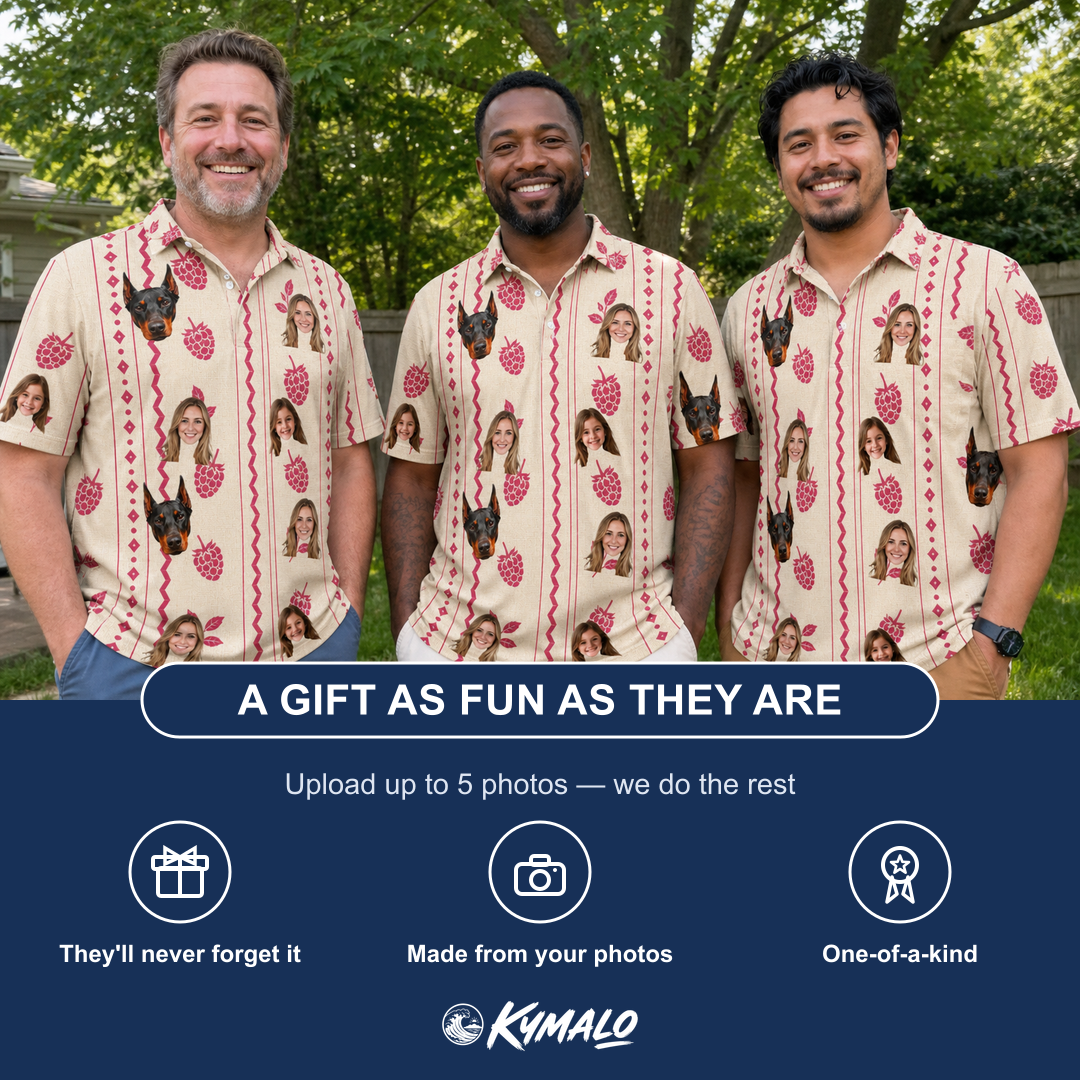 Friends in matching Men's Brambly Bounce Custom Face Polo Shirt — a group gift photo