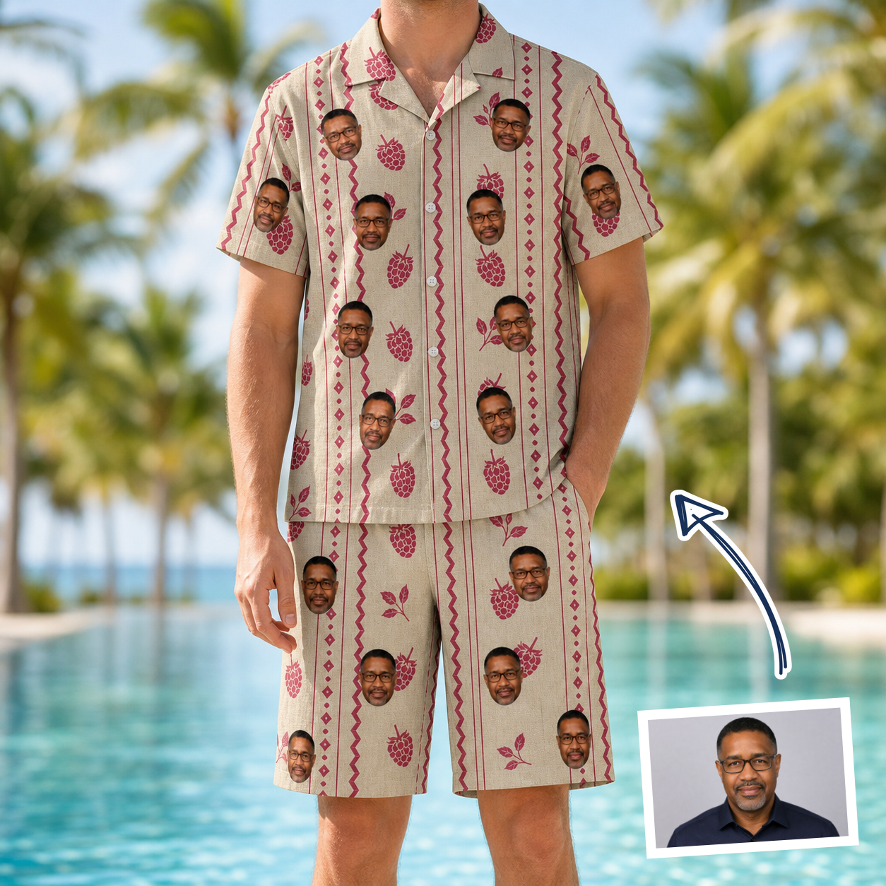 Man wearing Men's Brambly Bounce Custom Face Shirt & Shorts Set — custom faces printed all-over