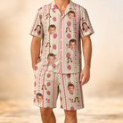 Model wearing Men's Brambly Bounce Custom Face Shirt & Shorts Set printed with kids' faces