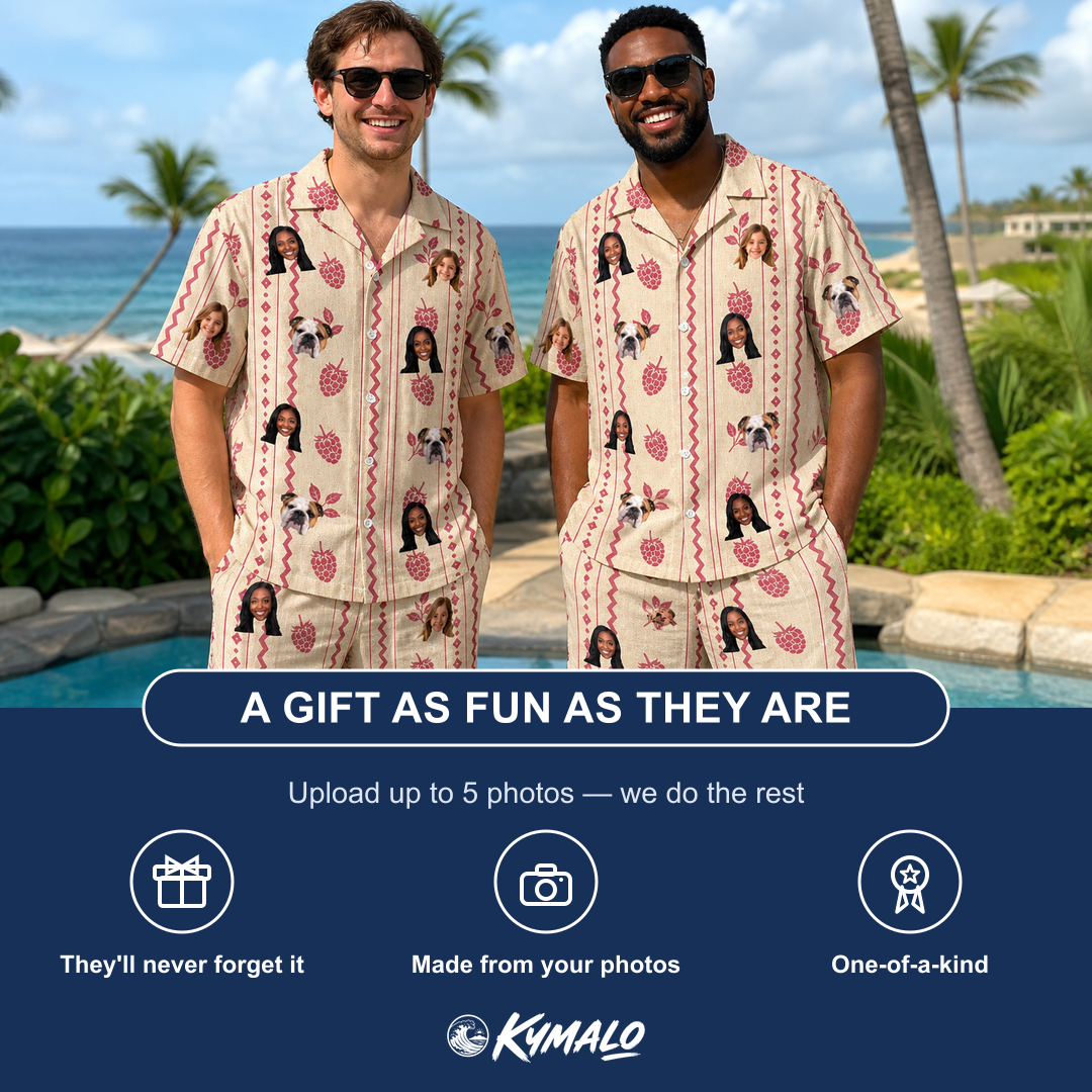 Friends in matching Men's Brambly Bounce Custom Face Shirt & Shorts Set — a group gift photo