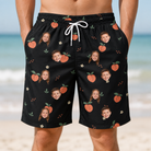 Model wearing Men's Peach Please Custom Face Beach Shorts printed with kids' faces