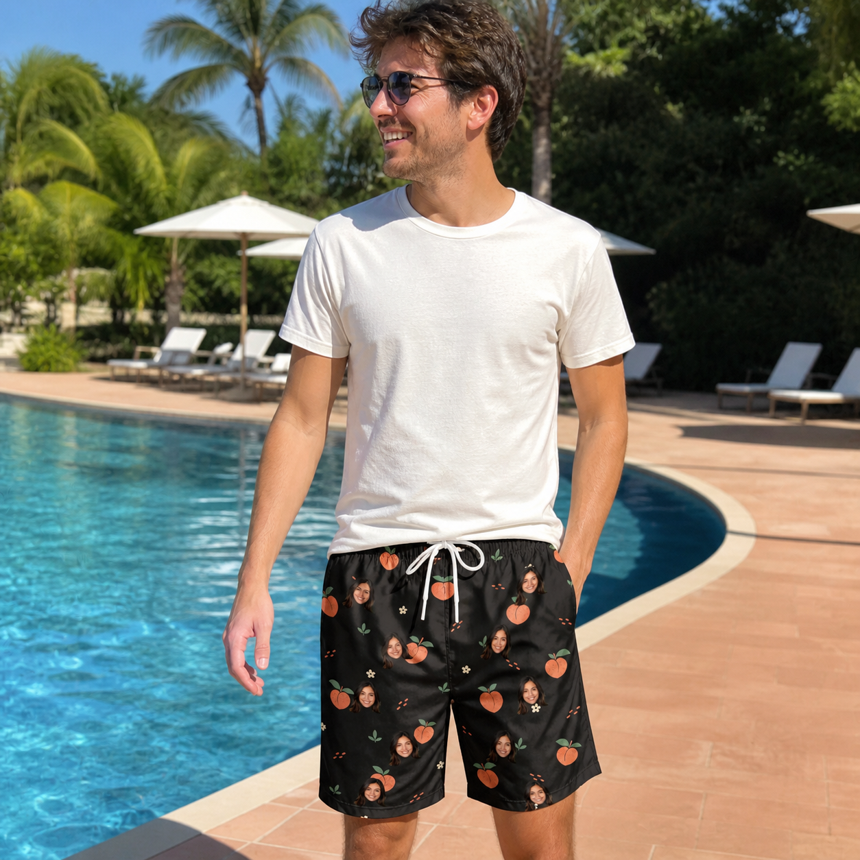 Real-life photo of someone wearing Men's Peach Please Custom Face Beach Shorts — custom faces printed all-over