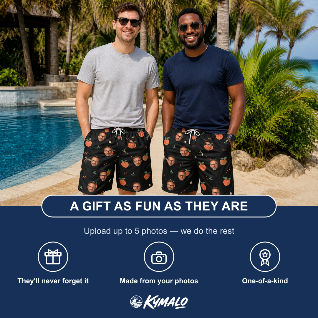 Friends in matching Men's Peach Please Custom Face Beach Shorts — a group gift photo