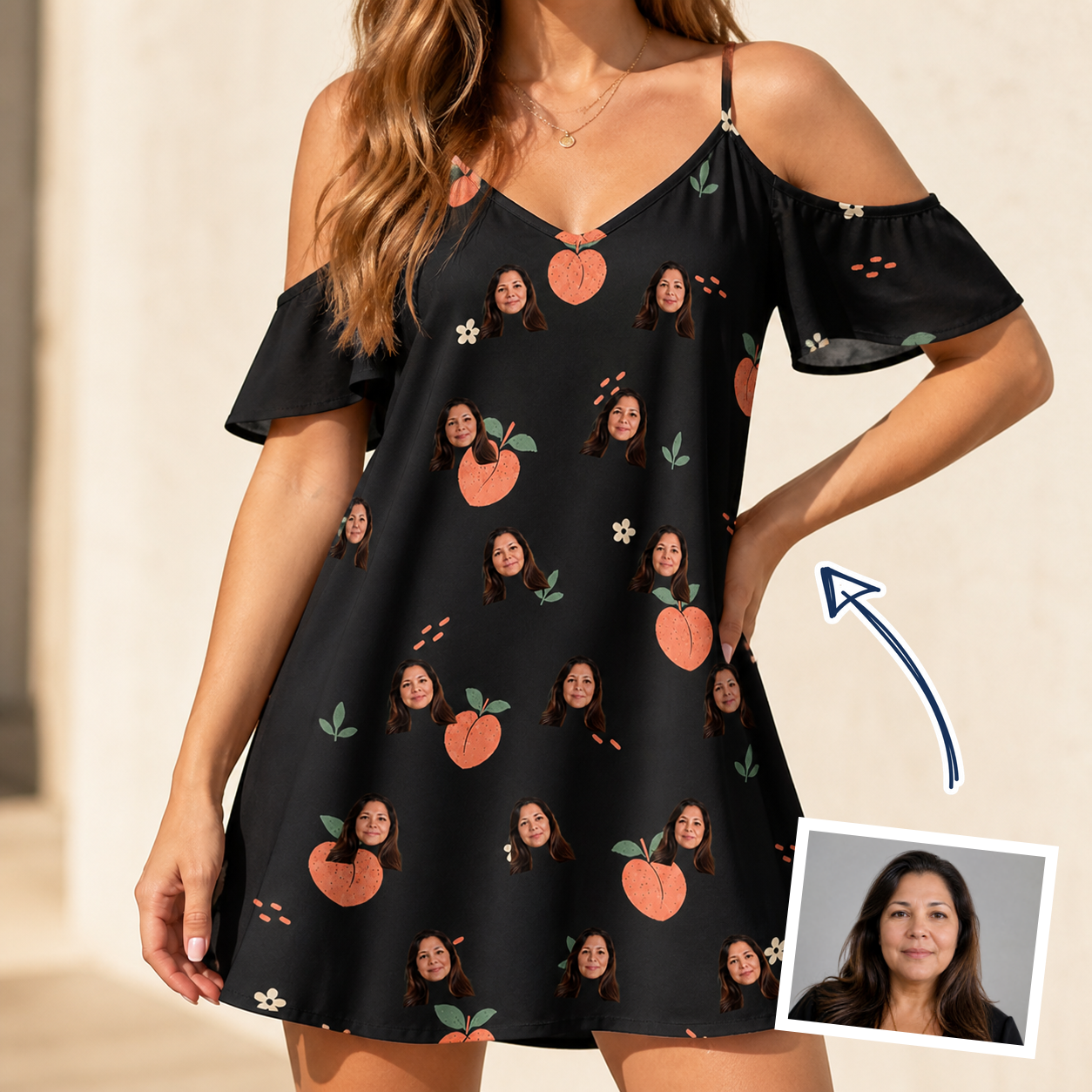 Woman wearing Women's Peach Please Custom Face Off-Shoulder Dress — custom faces printed all-over