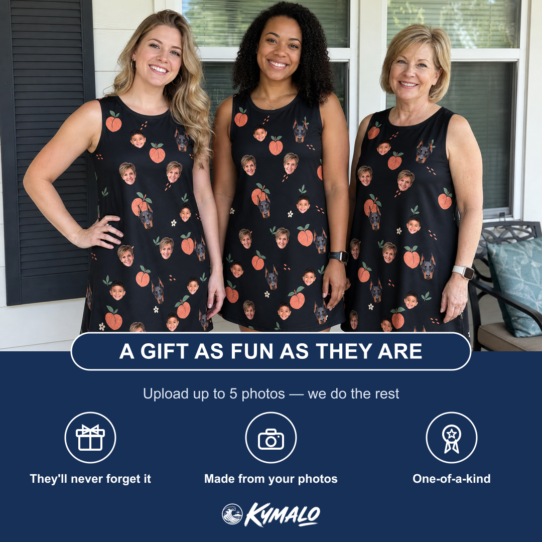 Friends in matching Women's Peach Please Custom Face Tank Dress — a group gift photo