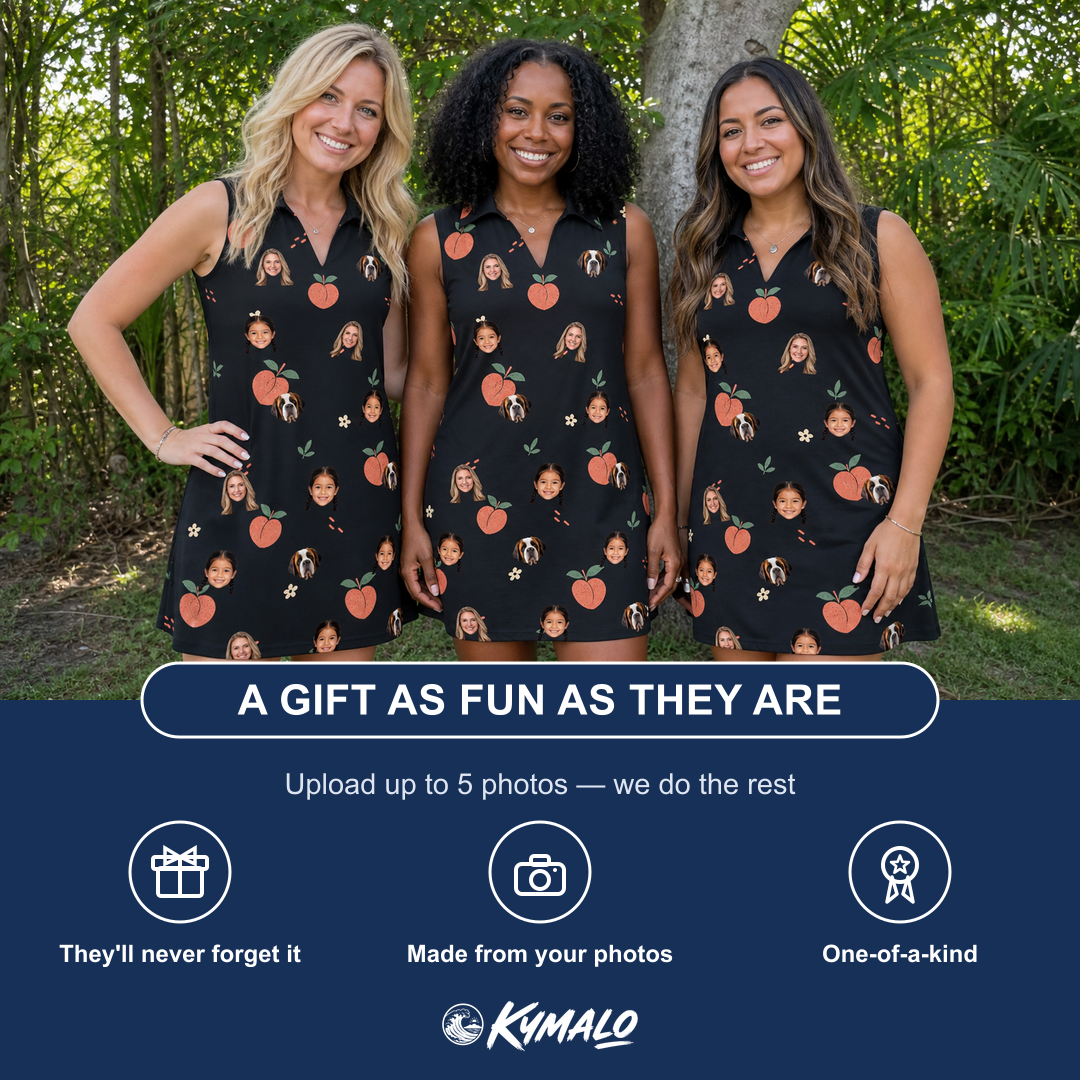 Friends in matching Women's Peach Please Custom Face V-Neck Dress — a group gift photo