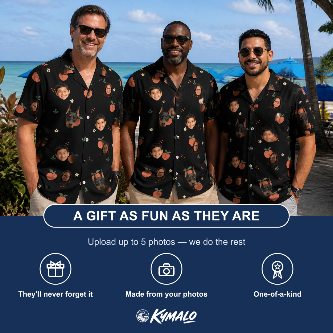 Friends in matching Men's Peach Please Custom Face Hawaiian Shirt — a group gift photo