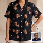 Woman wearing Women's Peach Please Custom Face Hawaiian Shirt — custom faces printed all-over