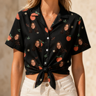 Woman wearing Women's Peach Please Custom Face Hawaiian Shirt tied at the waist