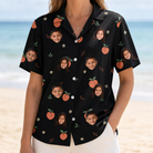 Model wearing Women's Peach Please Custom Face Hawaiian Shirt printed with kids' faces
