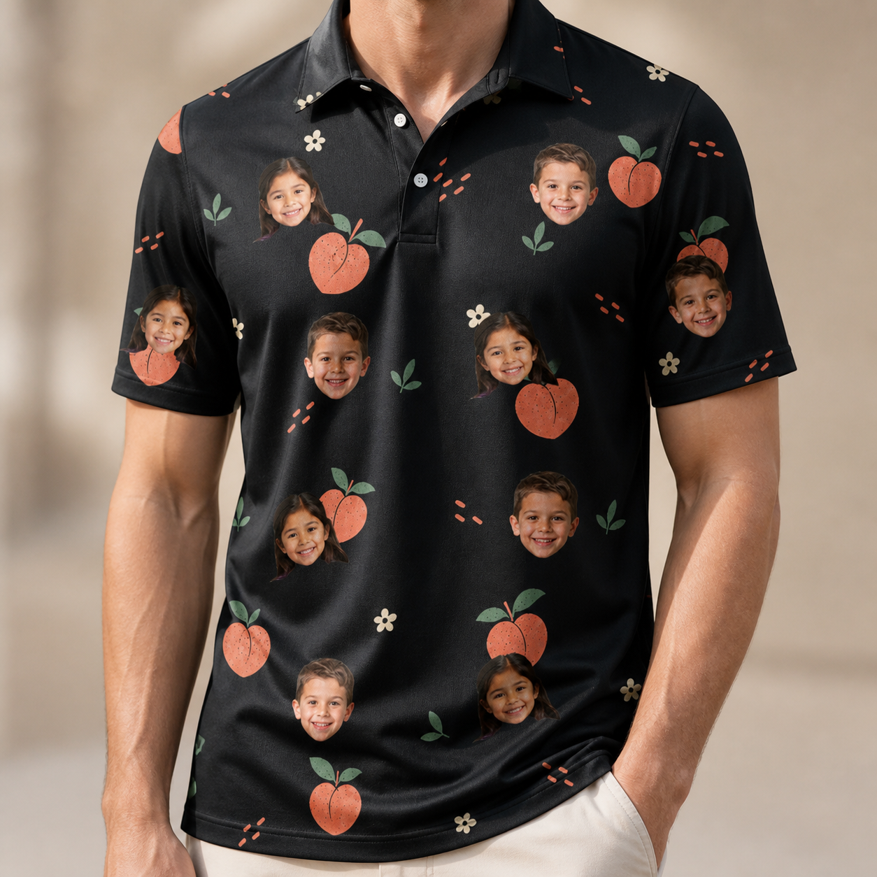 Model wearing Men's Peach Please Custom Face Polo Shirt printed with kids' faces