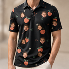 Model wearing Men's Peach Please Custom Face Polo Shirt printed with kids' faces