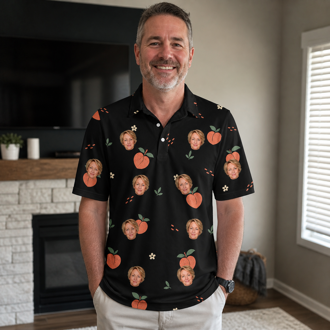 Real-life photo of someone wearing Men's Peach Please Custom Face Polo Shirt — custom faces printed all-over