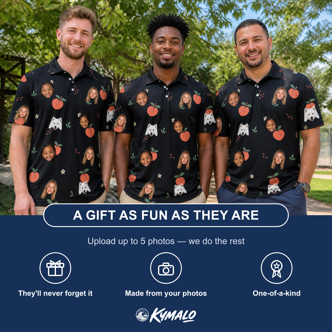 Friends in matching Men's Peach Please Custom Face Polo Shirt — a group gift photo