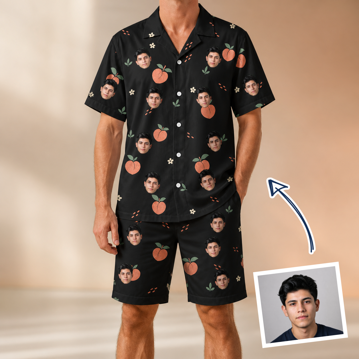 Man wearing Men's Peach Please Custom Face Shirt & Shorts Set — custom faces printed all-over