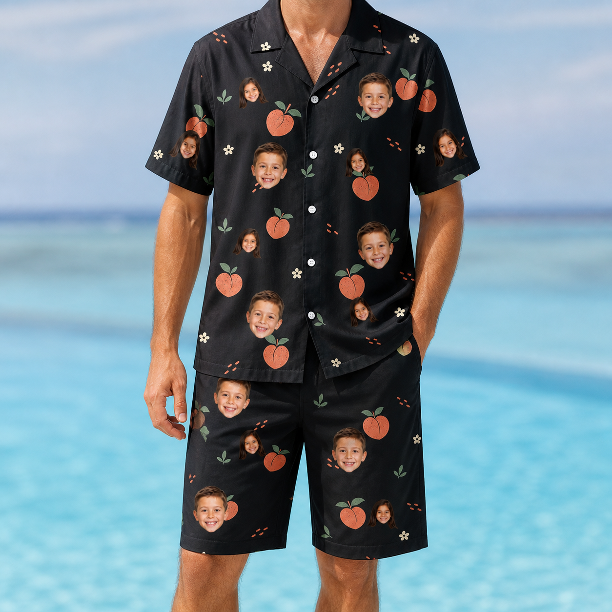 Model wearing Men's Peach Please Custom Face Shirt & Shorts Set printed with kids' faces