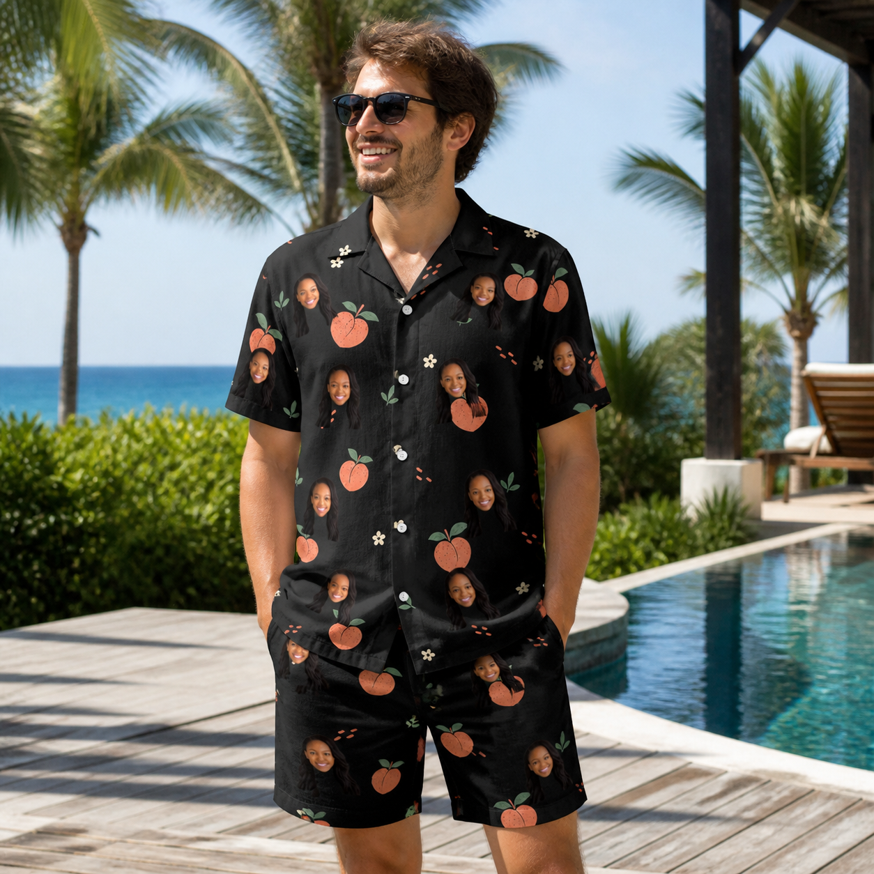 Real-life photo of someone wearing Men's Peach Please Custom Face Shirt & Shorts Set — custom faces printed all-over