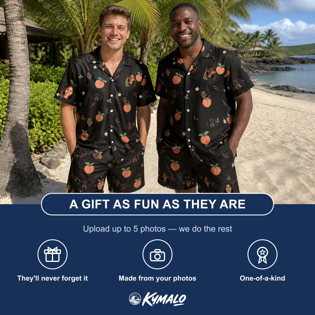 Friends in matching Men's Peach Please Custom Face Shirt & Shorts Set — a group gift photo