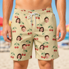 Model wearing Men's Cherry Chomp Custom Face Beach Shorts printed with kids' faces
