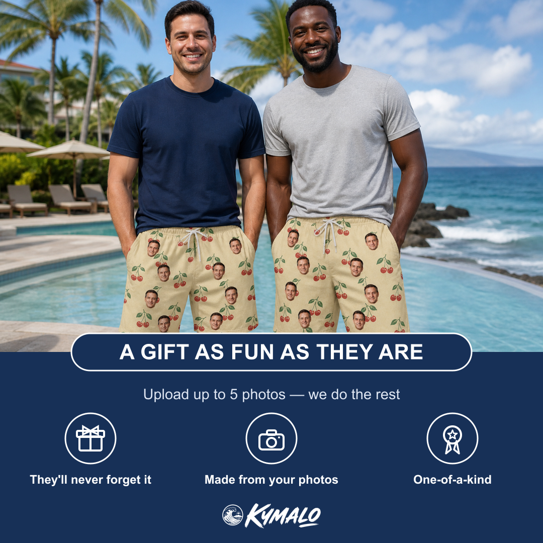 Friends in matching Men's Cherry Chomp Custom Face Beach Shorts — a group gift photo